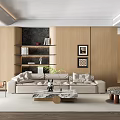 Modern Living Room Interior With Wooden Walls Beige Sofa Marble Coffee Table And Bookshelf