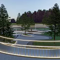 Nighttime Park Landscape With Starlit Sky Tall Trees Winding Path White Railings And Illuminated Edges