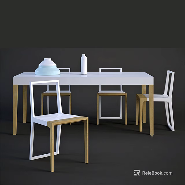 Modern White Table and Wooden Frame White Seat Chair Set with Vase and Bottle 3d model 