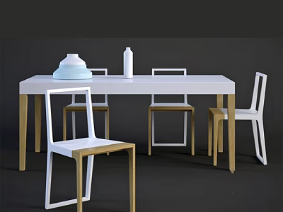 Modern White Table and Wooden Frame White Seat Chair Set with Vase and Bottle 3d model