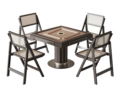 Modern Minimalist Square Entertainment Table With Cylindrical Base And Four Wicker Chairs 3d model