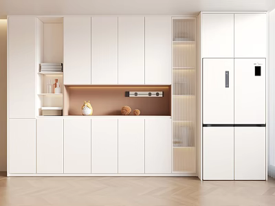 Modern Kitchen Interior With White Sideboard Open Shelves Storage And Refrigerator 3d model