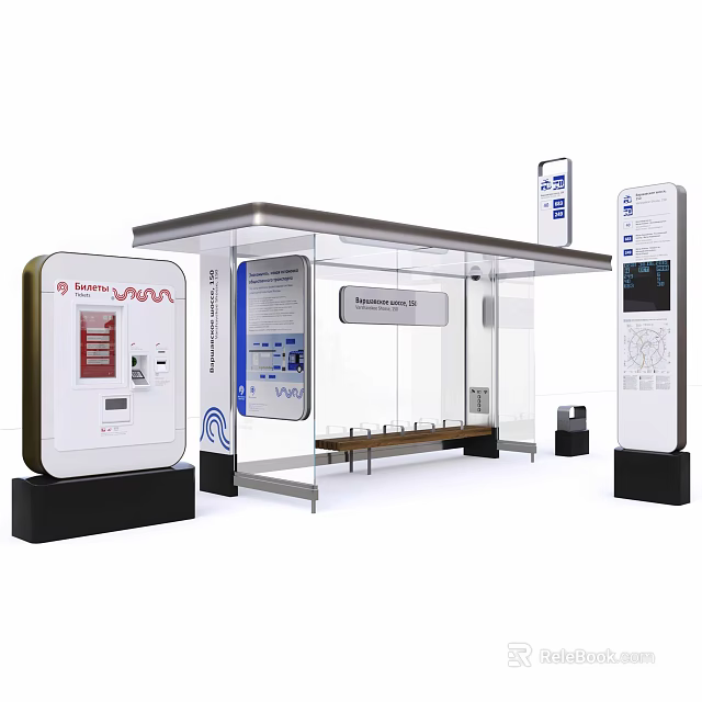Contemporary Bus Shelter Public Transport Facility With Transparent Roof Seating Bench Digital Displays And Route Maps 3d model 