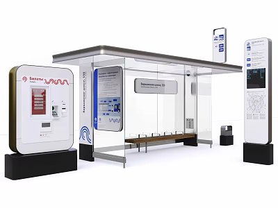 Contemporary Bus Shelter Public Transport Facility With Transparent Roof Seating Bench Digital Displays And Route Maps 3d model