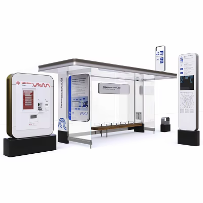 Contemporary Bus Shelter Public Transport Facility With Transparent Roof Seating Bench Digital Displays And Route Maps 3d model
