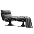 Modern Leather and Sheepskin Accent Chairs with Round Base Ottoman and Throw Blanket