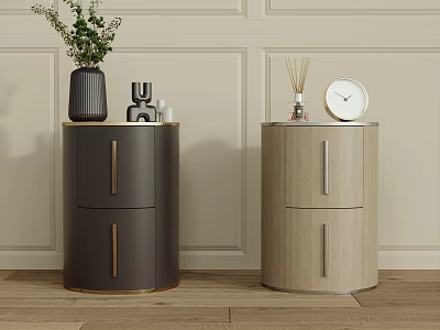 Modern Light and Dark Round Bedside Tables with Drawers Vase Plant Clock and Diffuser 3d model