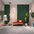 Modern Clothing Store Interior With Green Backdrop Walls Pink Counter Mannequins Hanging Dresses And Spotlights