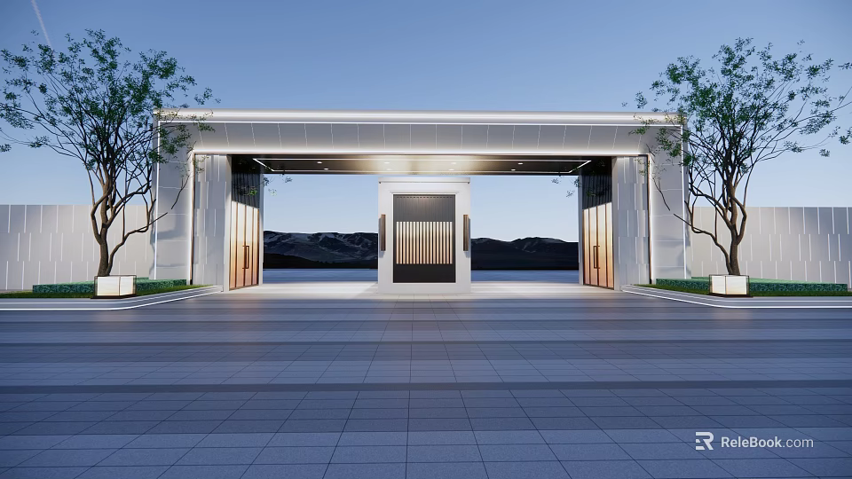 Modern Stone Entrance Gate Illuminated With Trees Mountains And Paved Square 3d model 
