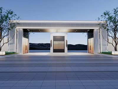 Modern Stone Entrance Gate Illuminated With Trees Mountains And Paved Square 3d model