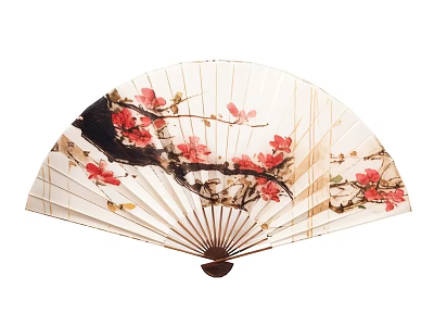 Decorative Ornament Set Featuring Traditional Chinese Fan With Red Plum Blossom And Golden Accents 3d model