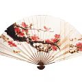 Decorative Ornament Set Featuring Traditional Chinese Fan With Red Plum Blossom And Golden Accents