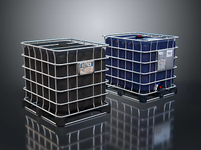 Black And Blue IBC Tanks With Metal Frames Labels And Pallet Bases 3d model
