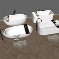 Modern Minimalist Bathtubs Interior With Wooden Trays Towels Slippers And Herringbone Flooring