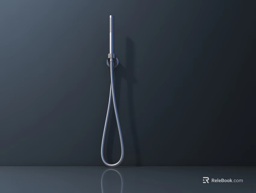 Wall Mounted Metal Shower with Flexible Hose on Dark Background and Reflective Floor 3d model 