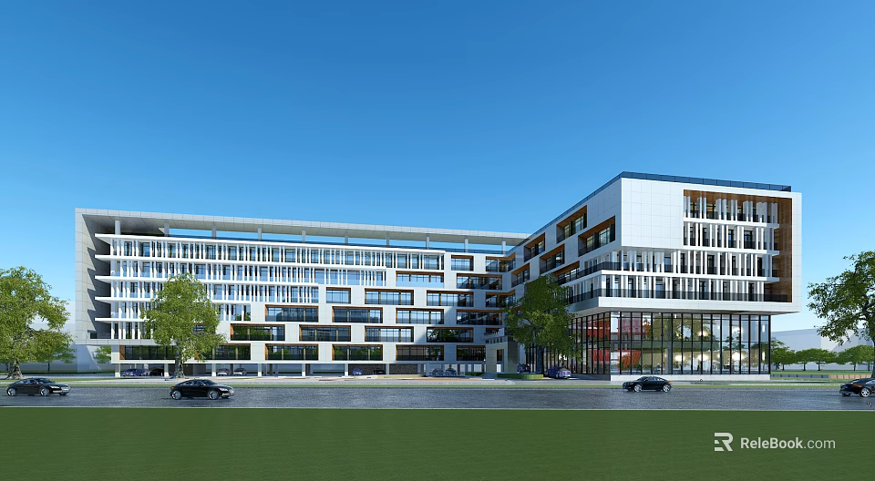 Modern Office Building Exterior With Glass Curtain Wall Greenery Cars And Blue Sky 3d model 