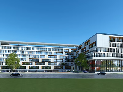 Modern Office Building Exterior With Glass Curtain Wall Greenery Cars And Blue Sky 3d model