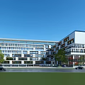 Modern Office Building Exterior With Glass Curtain Wall Greenery Cars And Blue Sky