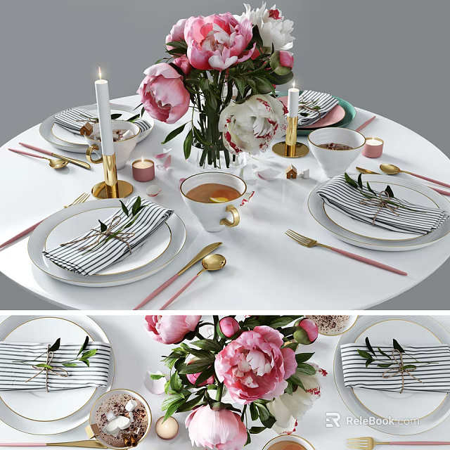 Elegant Modern Tableware Set With Striped Napkins Gold Flatware Teacups And Pink Flowers 3d model 