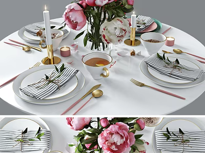 Elegant Modern Tableware Set With Striped Napkins Gold Flatware Teacups And Pink Flowers 3d model