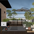 Modern Stylish Roof Garden With Wooden Deck Sofa Plants Umbrella And Outdoor Lighting