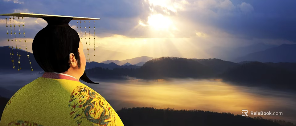Man In Yellow Dragon Robe Views Scenic Mountains At Sunrise 3d model 