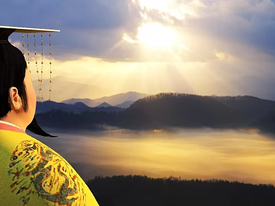 Man In Yellow Dragon Robe Views Scenic Mountains At Sunrise 3d model