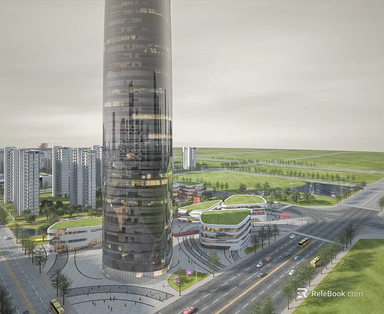 Modern Skyscraper in Urban Landscape with Surrounding Buildings Green Spaces Roads and Vehicles 3d model 