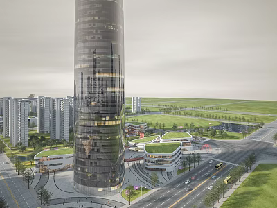 Modern Skyscraper in Urban Landscape with Surrounding Buildings Green Spaces Roads and Vehicles 3d model