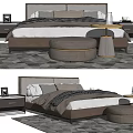 Modern Double Bed With Gray White Bedding Nightstands Ottoman And Carpet 3d model