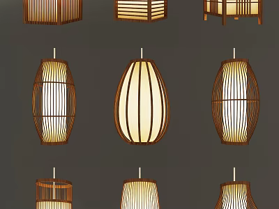 Bamboo Pendant Lights With Wooden Frame Striped Design Different Shapes And Traditional Style 3d model