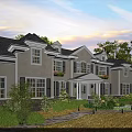 Elegant Single Family House Exterior With White Siding Gray Roof And Landscaped Lawn