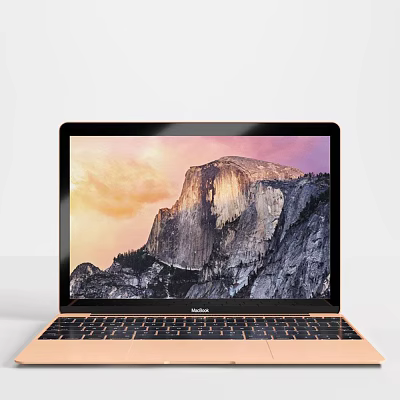 Sleek Golden MacBook With High Definition Screen Displaying Mountain Landscape And Sunset Sky 3d model