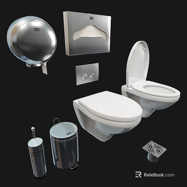 Wall Mounted White Toilet with Chrome Bathroom Accessories Toilet Brush Tissue Holder Trash Can Drain 3d model 