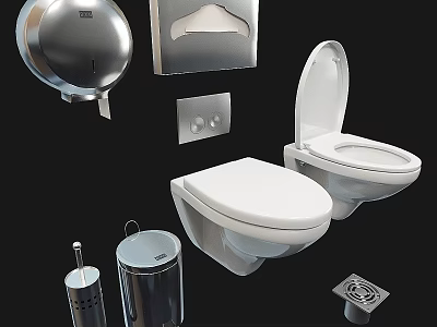 Wall Mounted White Toilet with Chrome Bathroom Accessories Toilet Brush Tissue Holder Trash Can Drain 3d model
