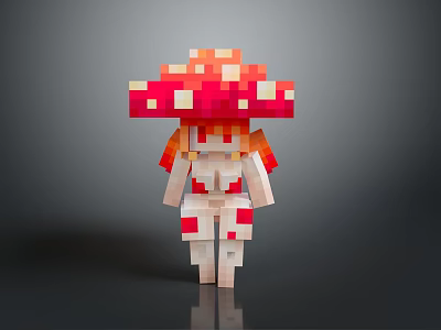 Standing Pixel Style Mushroom Shaped Doll With Red And White Pattern And Orange Hair 3d model
