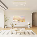 Bright Modern Living Room Interior With White Sofa Geometric Rug Potted Plants And Wall TV