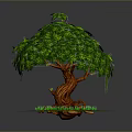 Lush Green Arbor With Dense Foliage Brown Trunk Green Grass And Small Flowers