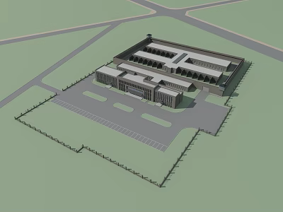 Modern Large Building Complex With Surrounding Roads Parking Area And Fence 3d model