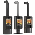 Three Black Fireplaces With Glass Doors Burning Flame And Chimney Design