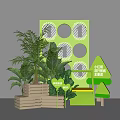 Modern Green Window Display With Circular Patterns Plants Wooden Stacks And Promotion Elements 3d model