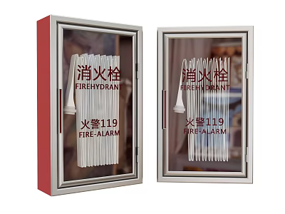 Red Fire Hydrant Cabinets With Glass Doors And Fire Alarm Signage 3d model