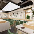 Traditional Chinese Hotpot Restaurant Interior With Wooden Decor Dining Tables And Menu Boards
