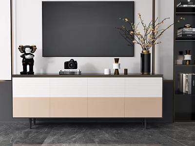 Modern White and Beige TV Stand with Camera Decorative Flowers Sculpture and Books 3d model