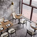 Modern Industrial Restaurant Interior With Textured Gray Walls Windows Round Tables White Chairs And Tableware