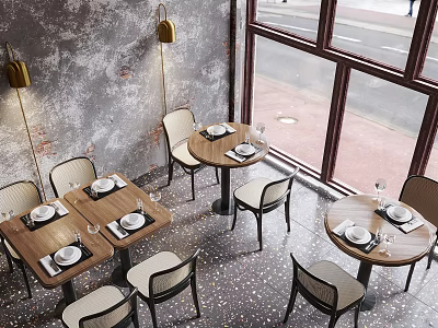 Modern Industrial Restaurant Interior With Textured Gray Walls Windows Round Tables White Chairs And Tableware 3d model
