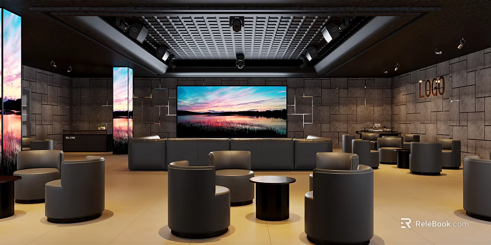 KTV Interior With Large Screen Black Furniture Stone Walls Ceiling Grille And Sunset View Windows 3d model 