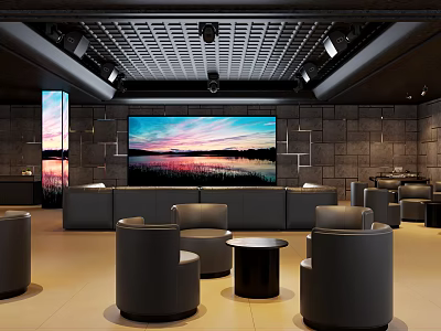 KTV Interior With Large Screen Black Furniture Stone Walls Ceiling Grille And Sunset View Windows 3d model
