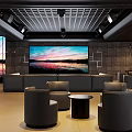 KTV Interior With Large Screen Black Furniture Stone Walls Ceiling Grille And Sunset View Windows