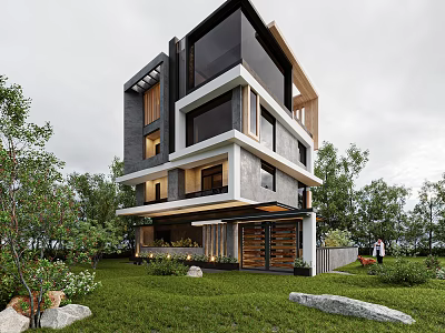 Modern Style Detached Villa With Large Glass Windows Gray Exterior And Green Lawn 3d model
